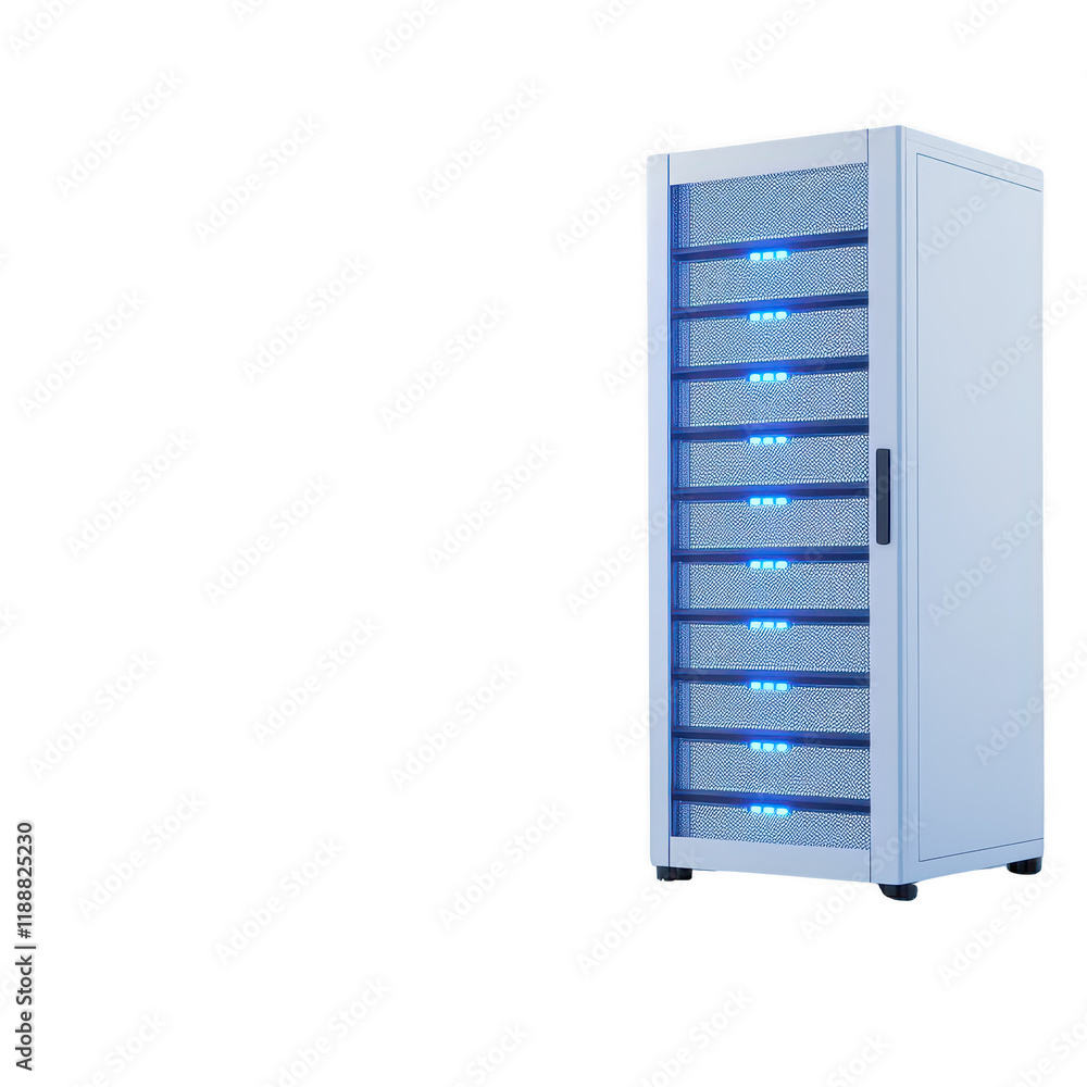 Poster high-tech server rack with illuminated components, ideal for data centers and it storage., isolated 