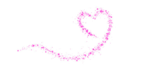Pink star trail in the shape of a heart. Shimmering dust flying and leaving behind a heart-shaped trail. Bright dust particles glow with the special festive light of Christmas. PNG. 