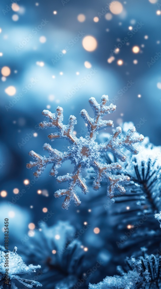 Poster close-up of a snow-covered snowflake ornament on a pine branch with a bokeh background.