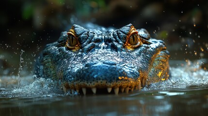 Obraz premium Close-up of a spectacled caiman emerging from dark water, showing its detailed head, eyes, and teeth.