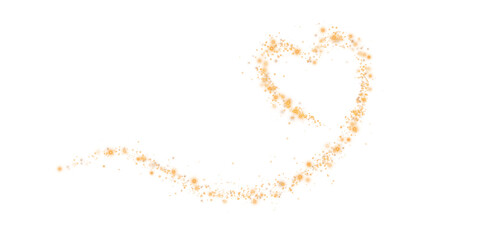 Orange star trail in the shape of a heart. Shimmering dust flying and leaving behind a heart-shaped trail. Bright dust particles glow with the special festive light of Christmas. PNG. 