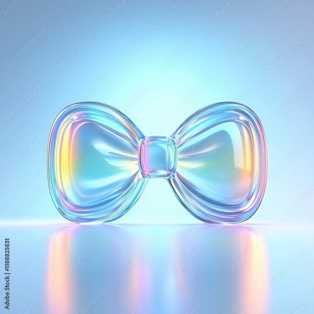 Poster a vibrant, holographic bow-shaped object displayed with a soft glow against a gradient background.