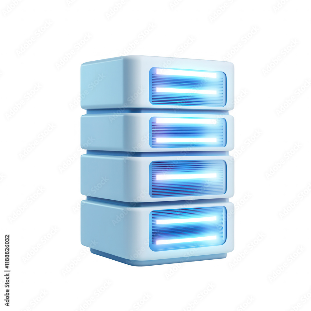 Poster modern data storage solution with blue led lights, representing digital advancement., isolated on a 