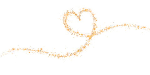 Orange star trail in the shape of a heart. Shimmering dust flying and leaving behind a heart-shaped trail. Bright dust particles glow with the special festive light of Christmas. PNG. 