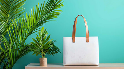 Modern canvas mockup with white bag and green background studio view
