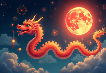 A glowing dragon ascends through clouds toward a radiant red moon, embodying Lunar New Year mysticism.
