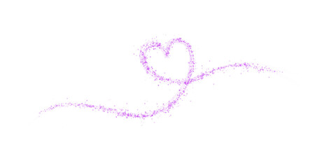 Purple star trail in the shape of a heart. Shimmering dust flying and leaving behind a heart-shaped trail. Bright dust particles glow with the special festive light of Christmas. PNG. 
