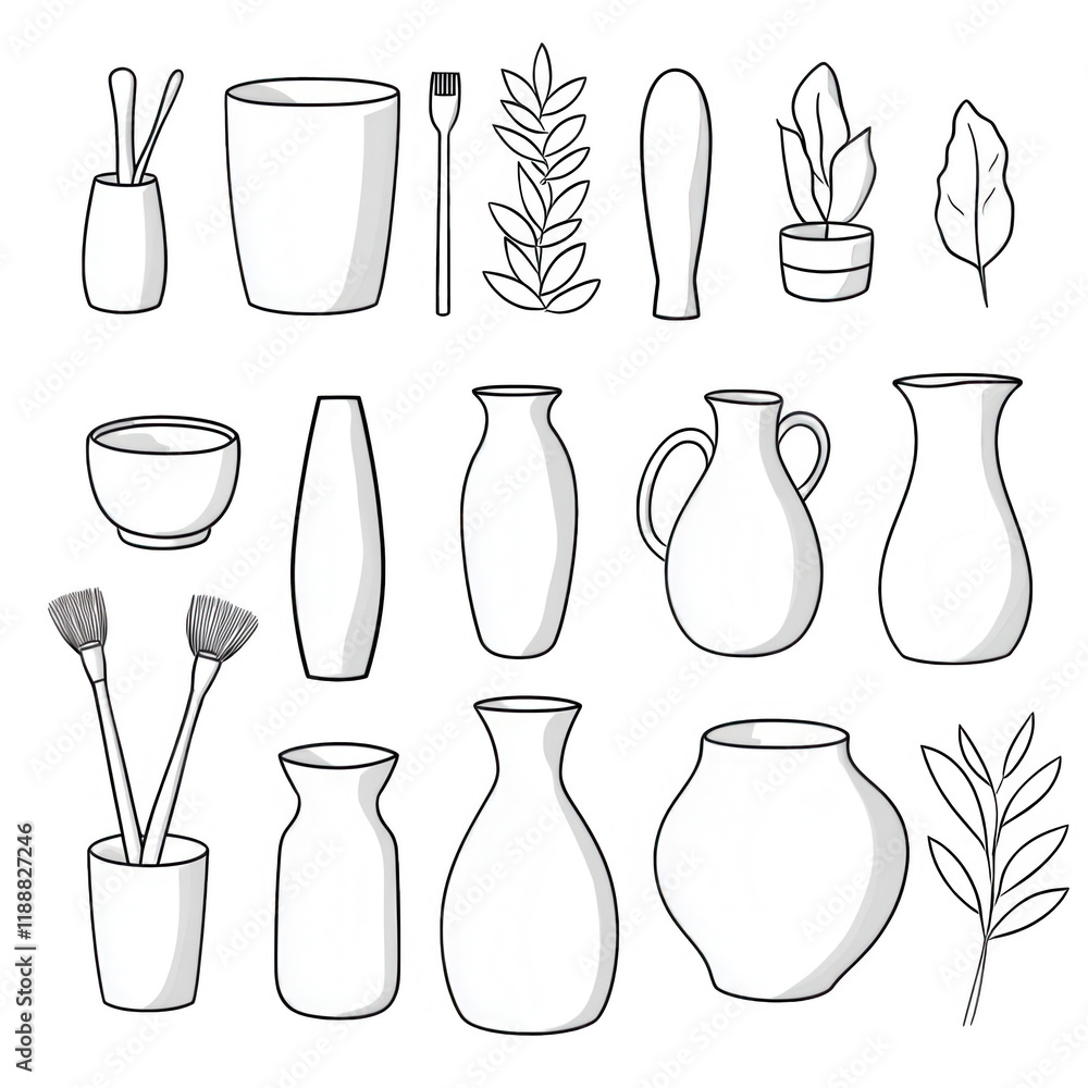 Poster stylish collection of minimalist vases and decorative items in various forms., isolated on a transpa