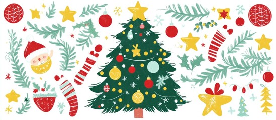 Festive Christmas elements tree, ornaments, elf, candy cane, stars, holly, and stocking.