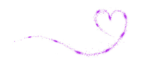 Purple star trail in the shape of a heart. Shimmering dust flying and leaving behind a heart-shaped trail. Bright dust particles glow with the special festive light of Christmas. PNG. 