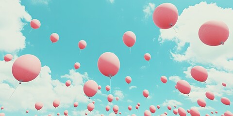 Numerous Pink Balloons Ascending in a Bright Blue Sky with Fluffy White Clouds