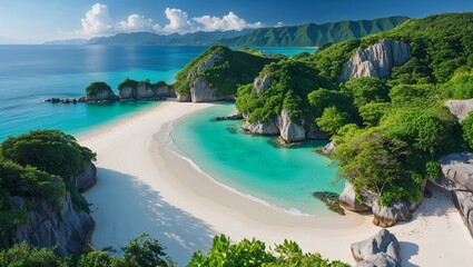 The turquoise water of the ocean gently laps the sandy shore of a tropical island, creating a breathtaking seascape perfect for a summer vacation