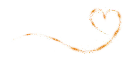 Orange star trail in the shape of a heart. Shimmering dust flying and leaving behind a heart-shaped trail. Bright dust particles glow with the special festive light of Christmas. PNG.  