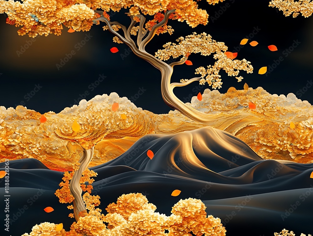Poster seamless abstract decorative 3d leaves pattern background, abstract 3d art with golden tree and autu