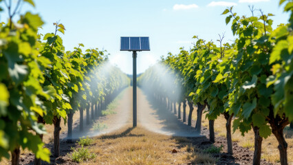 Fototapeta premium Solar energy irrigation system sustaining grapevines.
