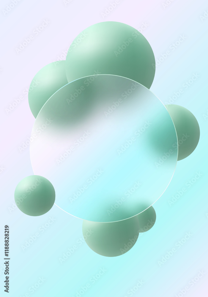 Poster gradient background with levitating green spheres and transparent partition, glass morphism style ba