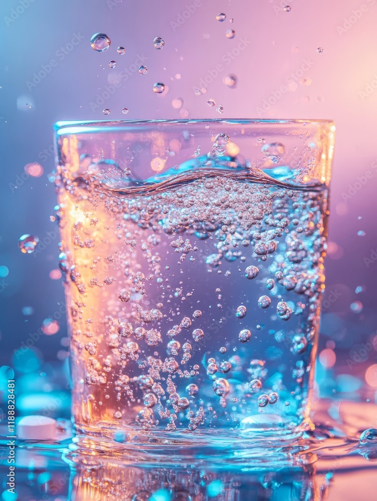 Poster effervescent tablets dissolve in water, creating vibrant bubbles that blend science with art, turnin