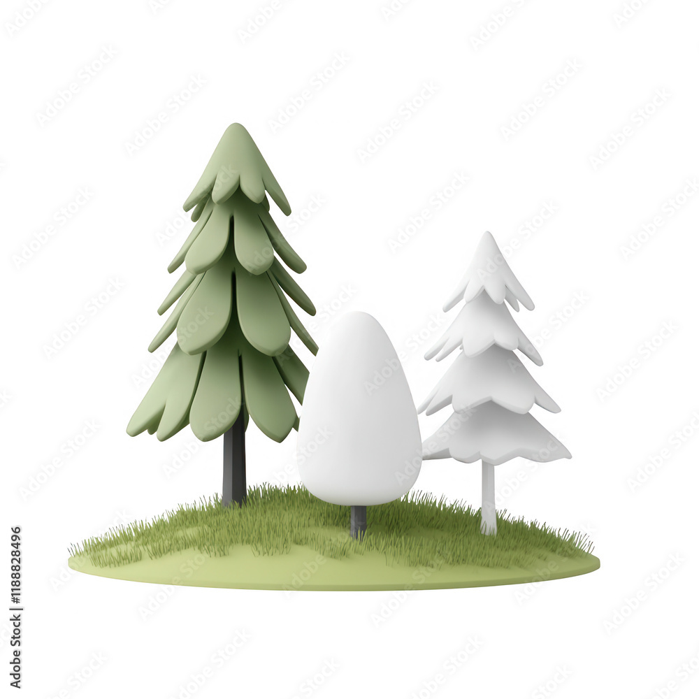 Poster stylized trees in a simple landscape with green grass and white backgrounds., isolated on a transpar
