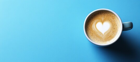 Fototapeta premium Cup of Latte with Heart Latte Art on a Cyan Background Minimalist Coffee Photography