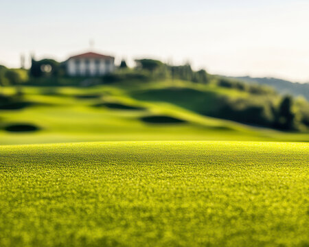 vibrant golf course with lush green grass and distant clubhouse creates serene atmosphere