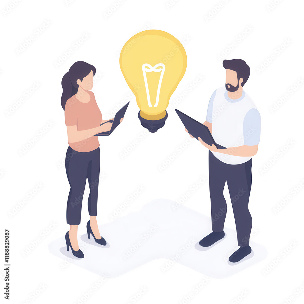 Poster two professionals collaborating on new ideas with digital devices and a lightbulb graphic., isolated