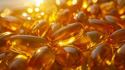 Close-up of shiny, amber-colored softgel capsules.