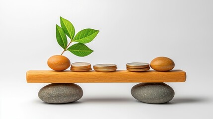 Green shoots sprout, coins balanced, signifying growth and financial stability.