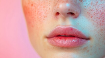 Naklejka premium Close-up of a woman's face with freckles and pink lighting.