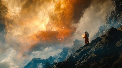 Fototapeta premium Astronaut on Alien Planet Contemplates Celestial Structure Amidst Fiery Nebula