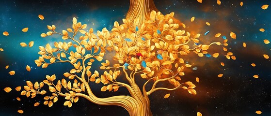 Seamless abstract decorative 3d leaves pattern background, Golden Tree with Vibrant Leaves in Abstract Style