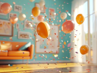 A Joyful celebration with orange balloons and colorful confetti in bright room