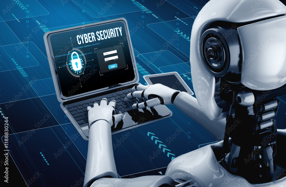 Poster cyber security system on computer screen protect private information snugly from hacker and cyber at