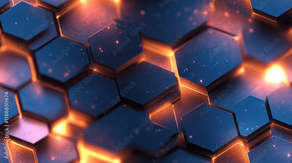 Poster seamless hexagonal pattern showcasing a captivating blend of dark blue and glowing light elements, p