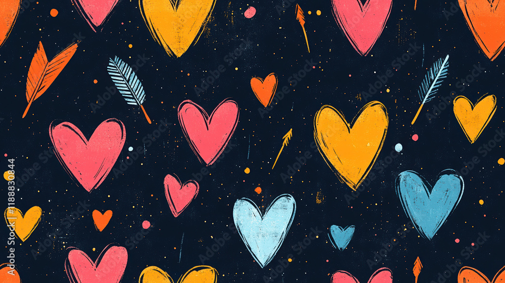 Poster seamless pattern of colorful hearts on a dark background, providing a playful and artistic design pe