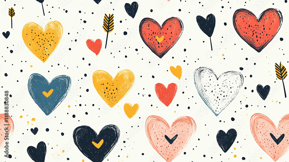 Poster seamless pattern featuring colorful hearts on a light background, creating a festive and cheerful de
