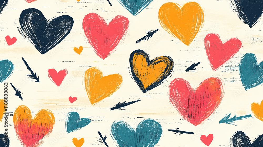 Poster seamless pattern featuring colorful hearts intertwined with arrows, creating a playful and romantic 