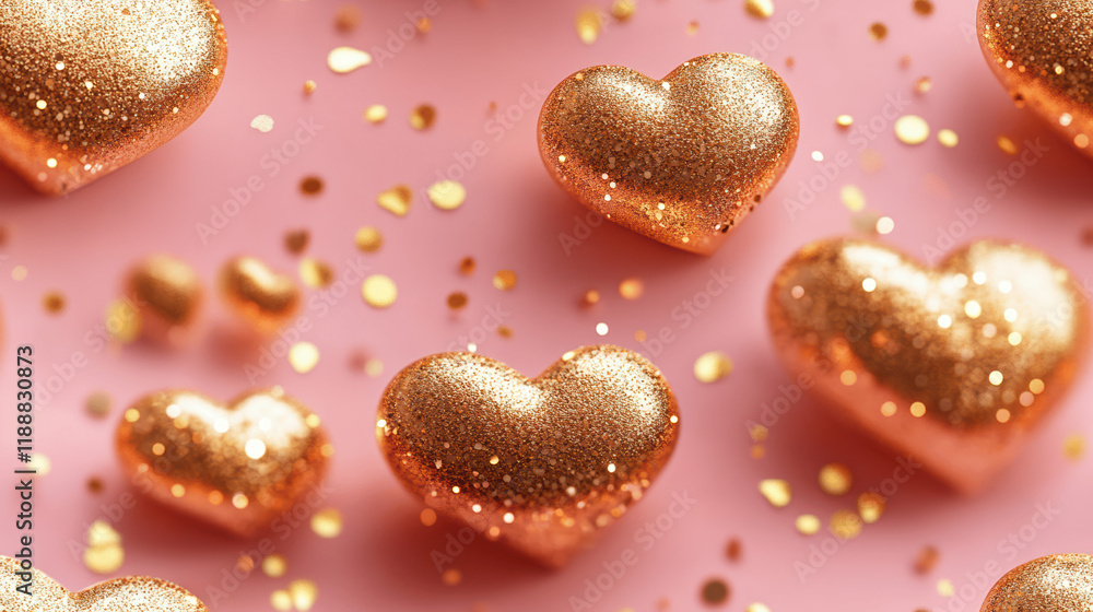 Poster seamless pattern featuring shimmering gold hearts on a pink background, creating an enchanting and v