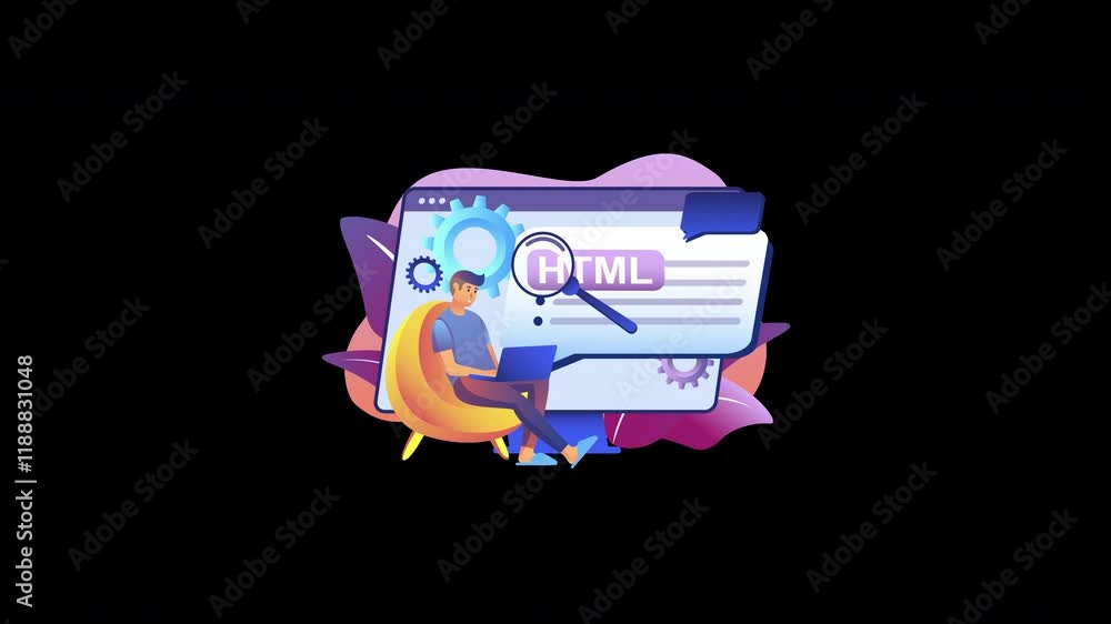 Poster a digital illustration of an african male working on html coding in a modern setup.