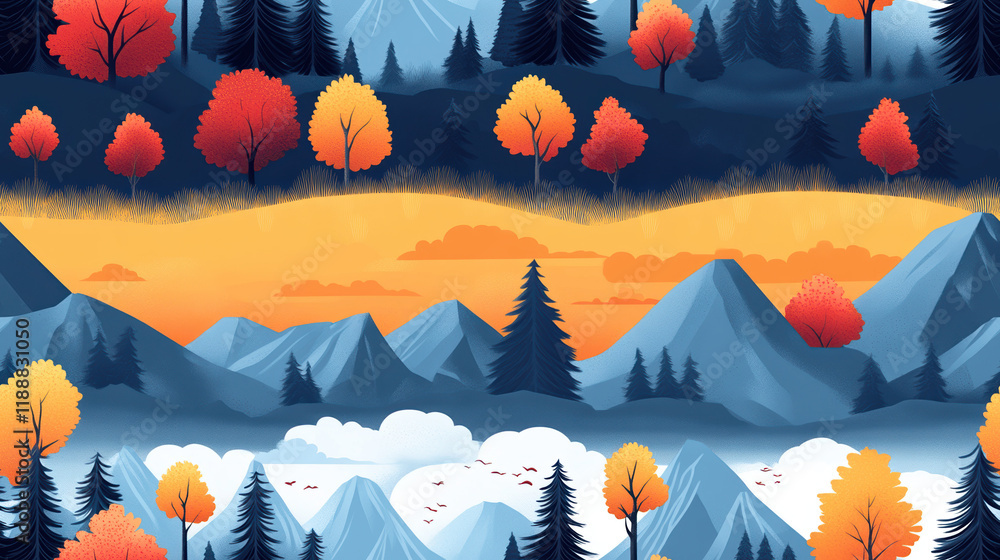 Poster seamless pattern featuring vibrant autumn landscape with mountains and colorful trees, creating a so