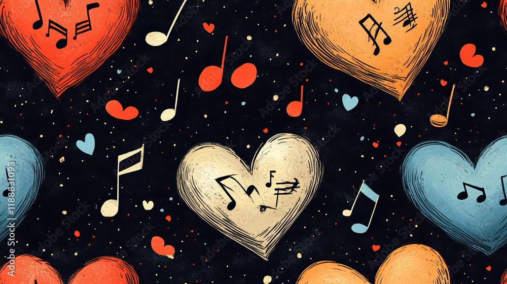 Poster seamless pattern featuring colorful hearts and musical notes set against a dark background, creating