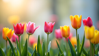 Vibrant spring flowers including pink and yellow tulips with soft sunlight background