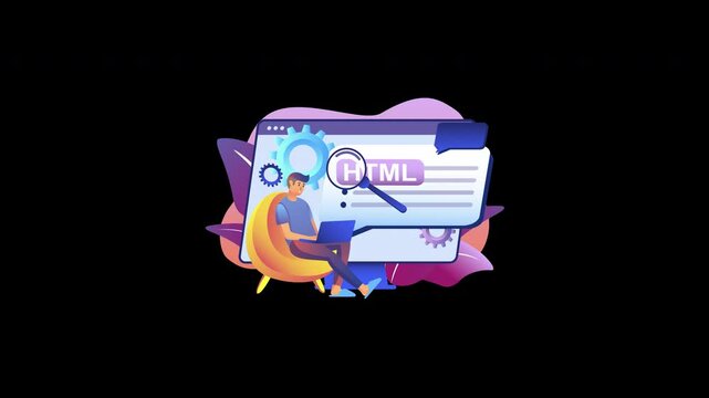 A digital illustration of an African male working on HTML coding in a modern setup.