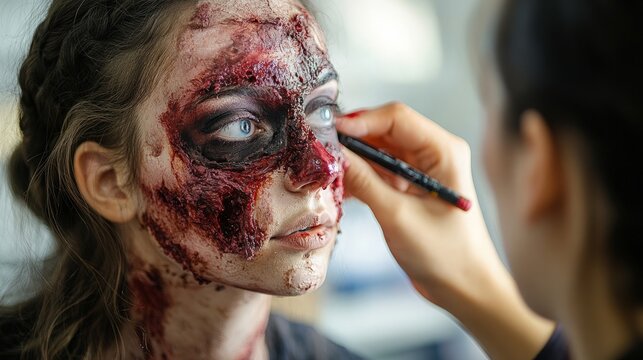 A makeup artist applying intricate prosthetics to a model&acirc;&euro;&trade;s face for a Halloween character transformation, with a focus on detail and realism in a studio setting.