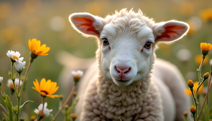 Fototapeta premium Cute lamb surrounded by colorful flowers in a vibrant grassy field during spring
