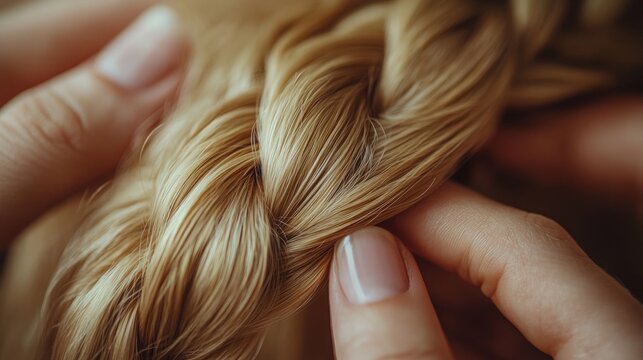 Hands skillfully weave together long strands of hair, creating an intricate braid. The hair features a beautiful mix of light brown and blonde tones, showcasing depth and texture