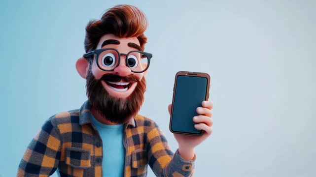 A smiling 3D cartoon man with glasses, a beard, and a flannel shirt holding up a smartphone and talking, on a light blue background with copy space.