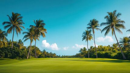 Fototapeta premium scenic golf course framed by towering palm trees under clear blue sky