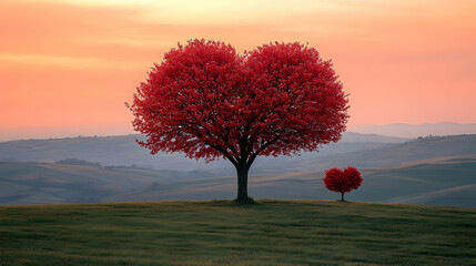 Heart-shaped tree sunset field romance card