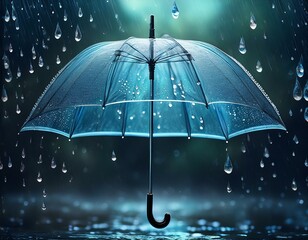 Transparent umbrella under rain against water drops splash background. Rainy weather concept.