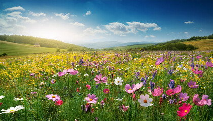 spring landscape with flowering flowers on meadow